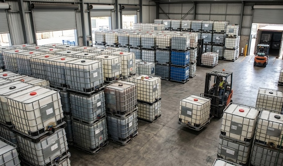 IBC totes stacked in the Charlotte yard with forklift moving inventory