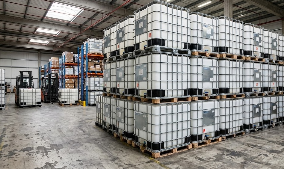 Stacked IBC totes in warehouse ready for dispatch