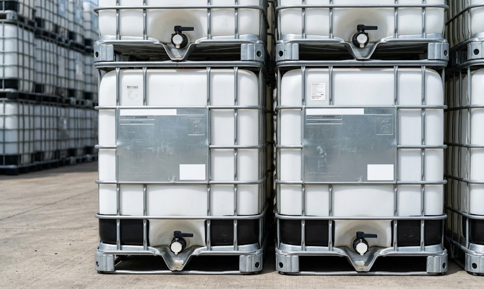 Close-up of standard IBC totes showing cage crossmembers, HDPE bottle, and valve detail