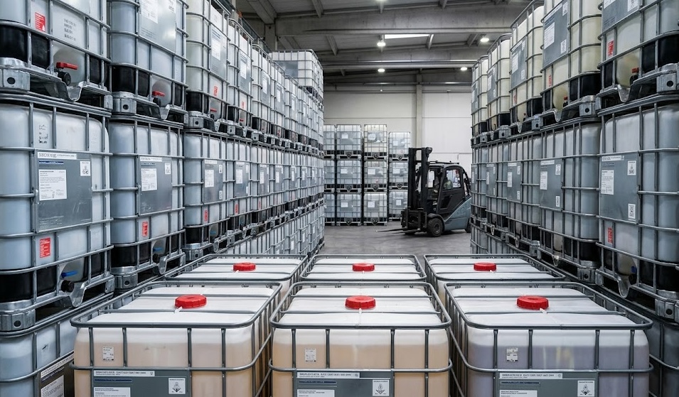Warehouse aisle lined with stacked IBC totes awaiting reconditioning